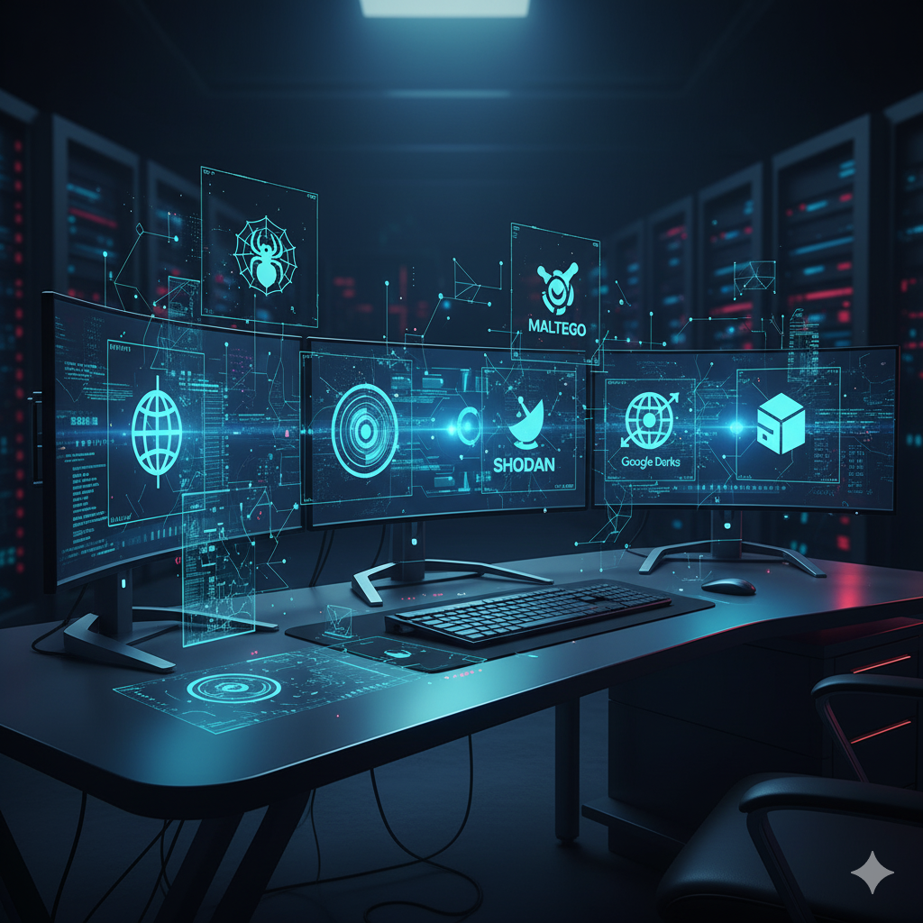 A modern digital illustration showing a desk setup with multiple glowing monitors. Each screen displays icons/logos of OSINT tools (like a spider web for SpiderFoot, a magnifying glass for Maltego, a radar for Shodan). Around the desk, floating holographic data streams emphasize the idea of gathering intelligence from everywhere.