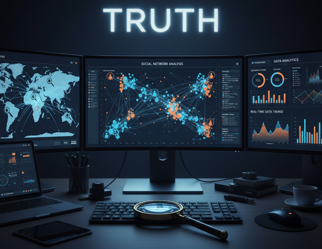A digital workspace showing how to uncover the truth with OSINT tools like maps and social media analytics.