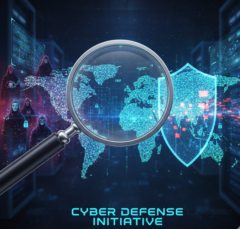 A magnifying glass analyzes a glowing digital world map made of data points, with cyber threats on one side and a security shield on the other, symbolizing OSINT cybersecurity research.